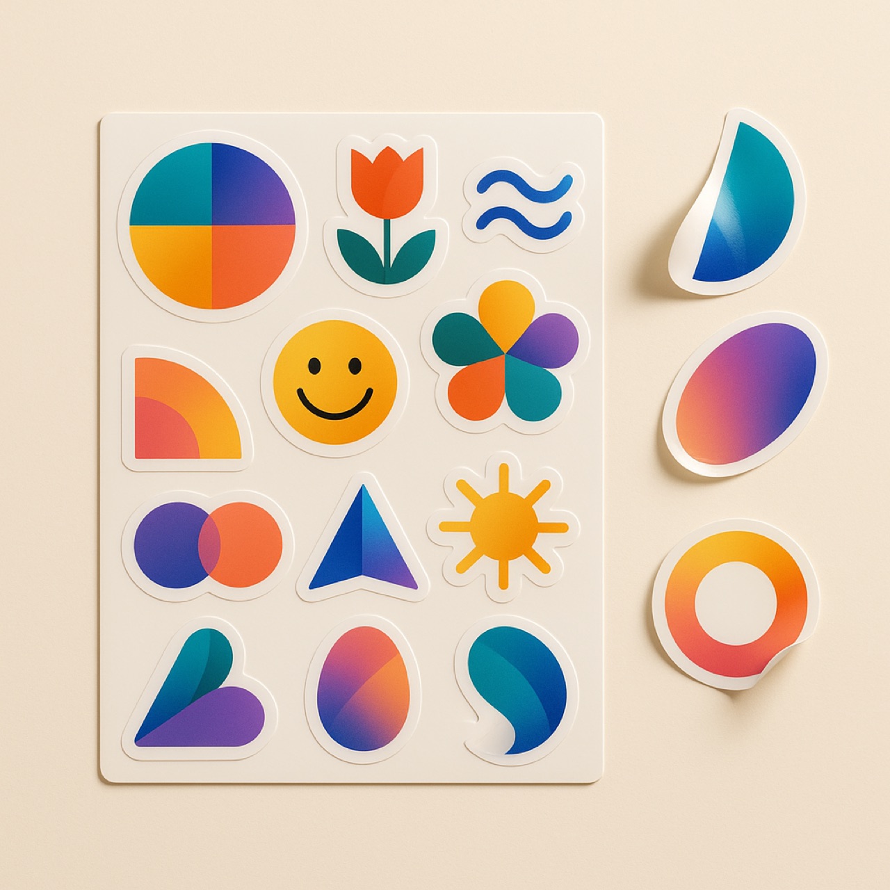 Vrolijke gestanste stickers in allerlei vormen en kleuren